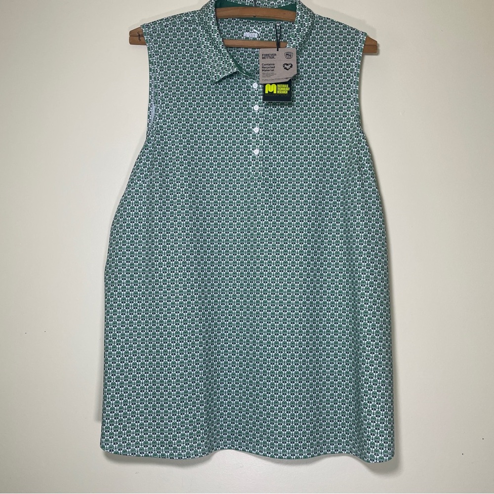 Puma Polo Shirt Women’s 2XL Green Palm Tree Print Sleeveless Golf Shirt